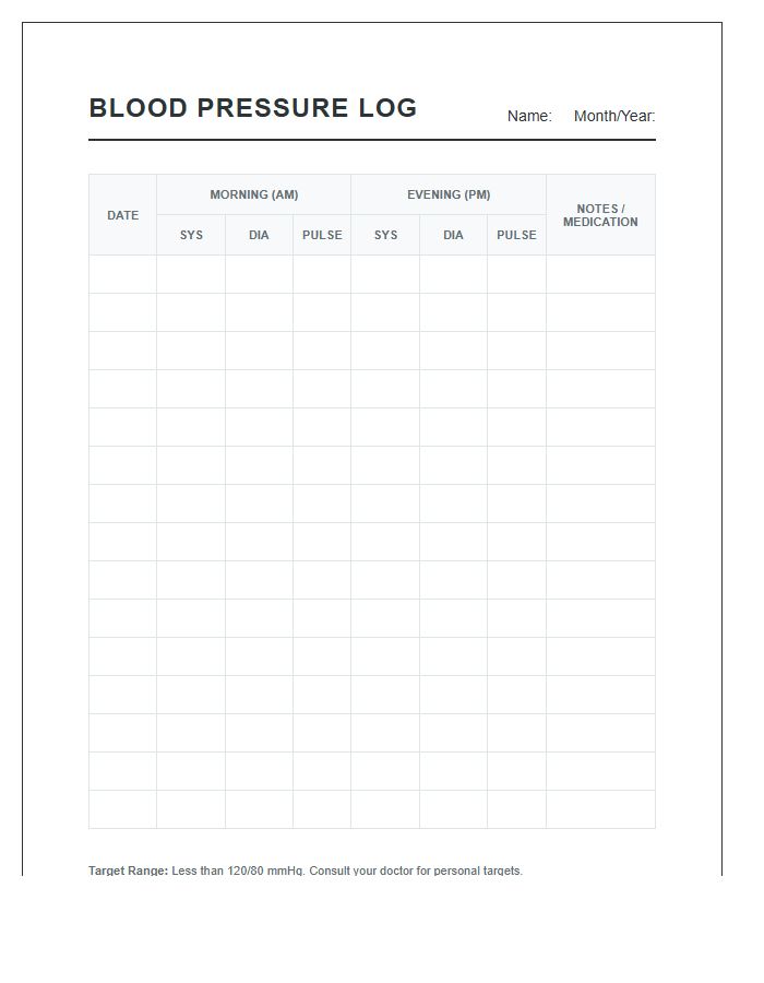 Morning Evening Blood Pressure History Chart Printable