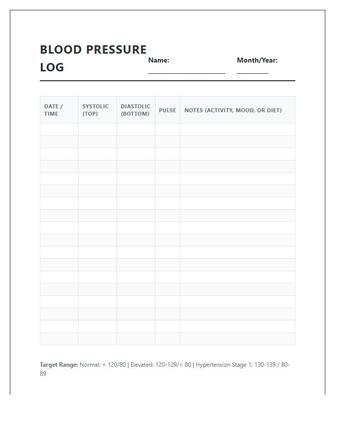 Printable Blood Pressure History Tracking Chart