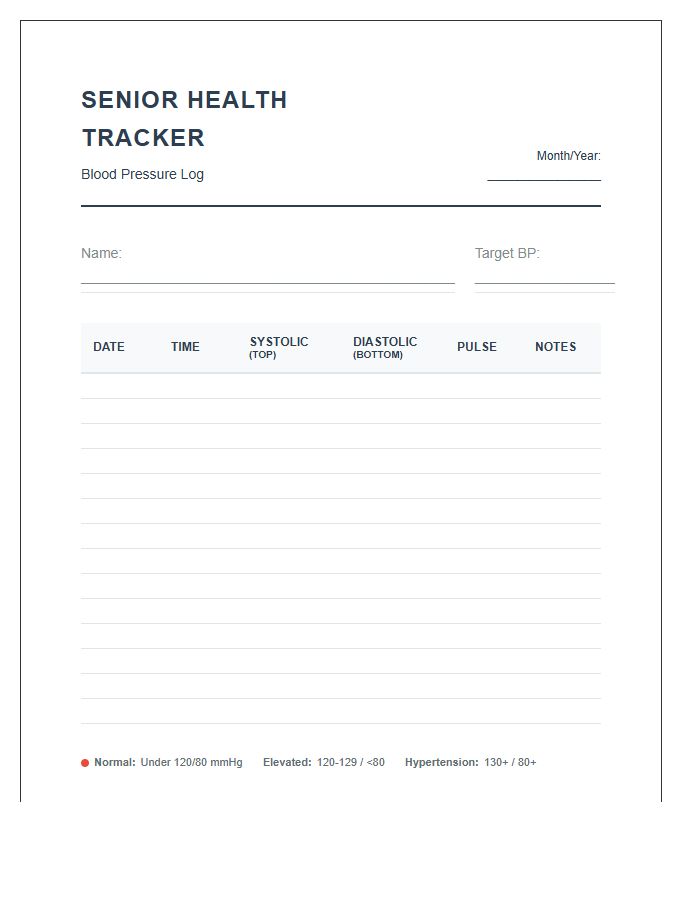 Senior Health Blood Pressure History Chart Printable