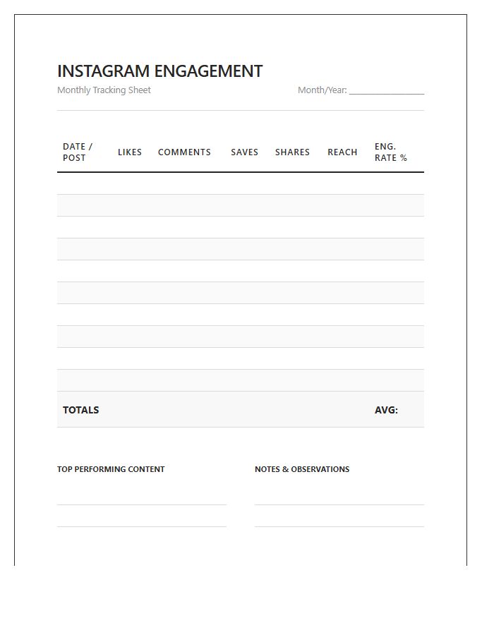Instagram Engagement Metrics Tracking Printable Chart