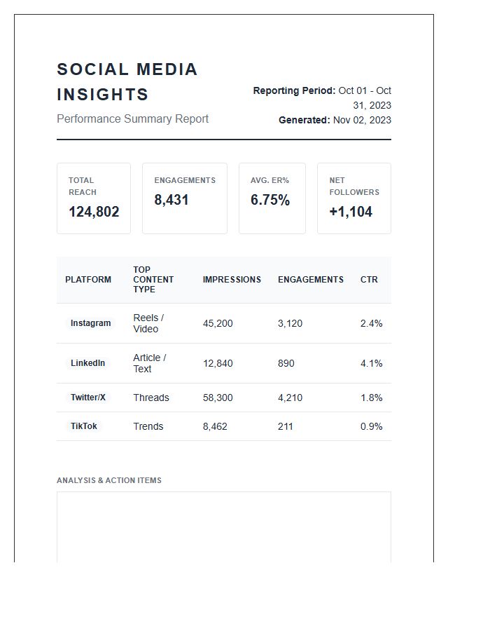 Social Media Insight Reporting Printable Chart