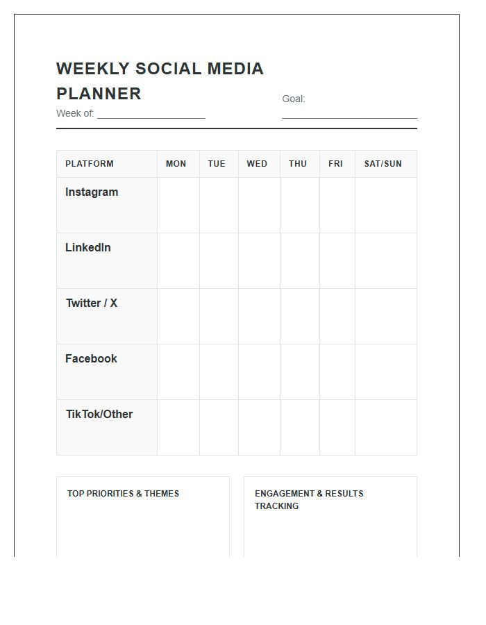 Weekly Social Media Activity Printable Chart