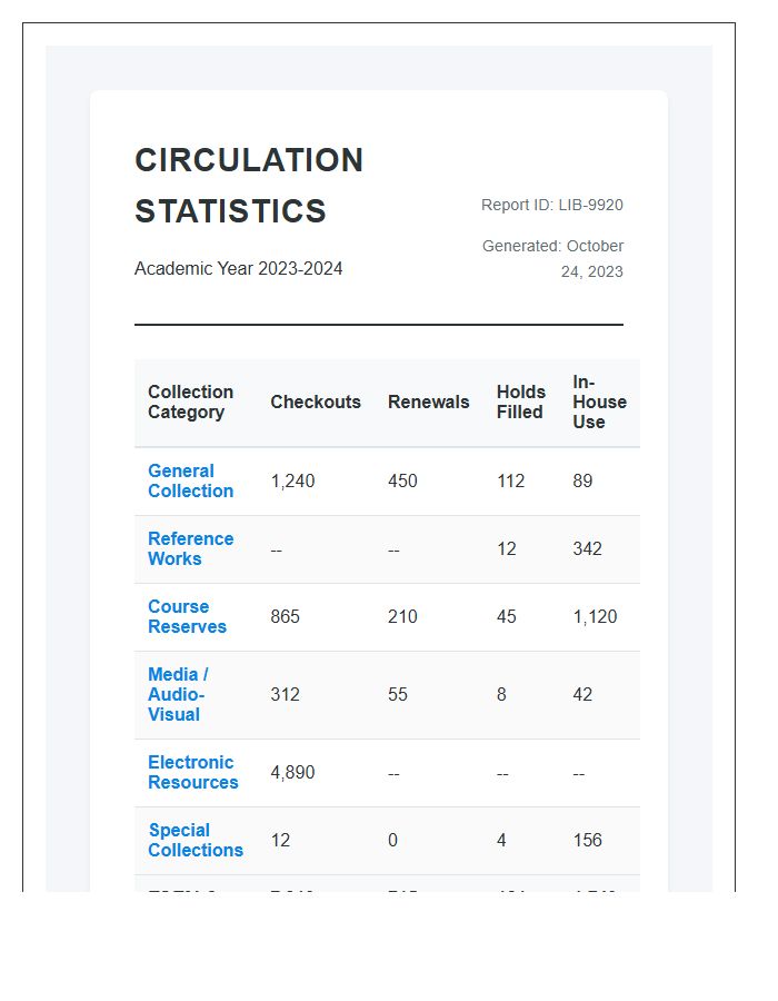 Academic Library Circulation Statistics Printable Chart