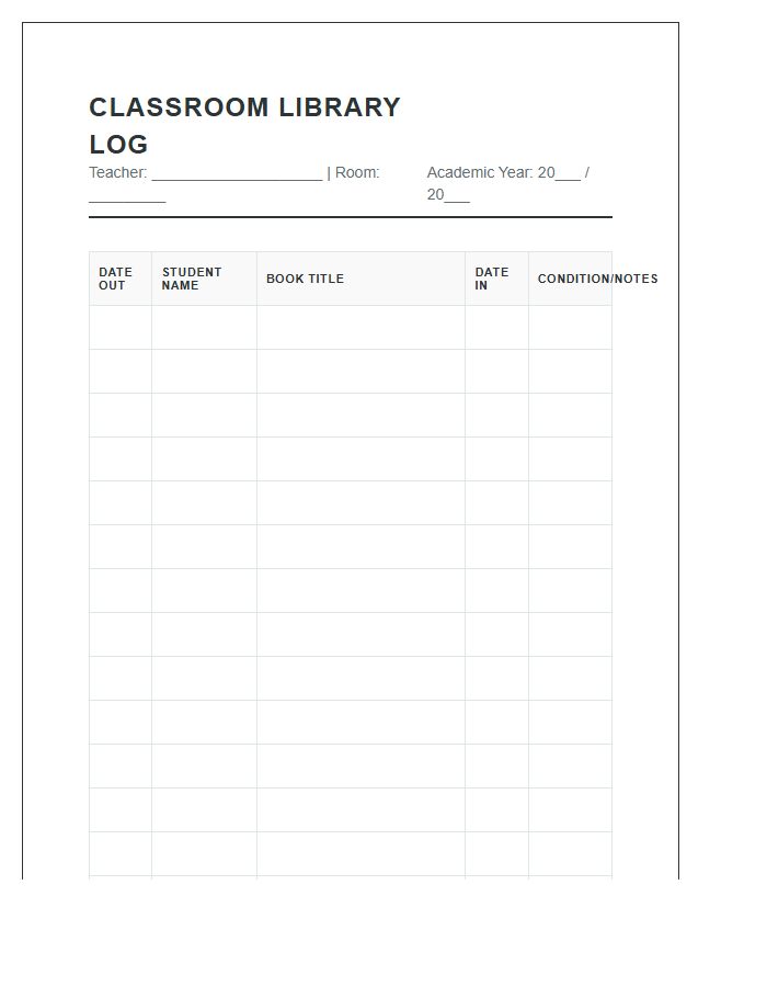 Classroom Library Circulation Tracking Printable Chart