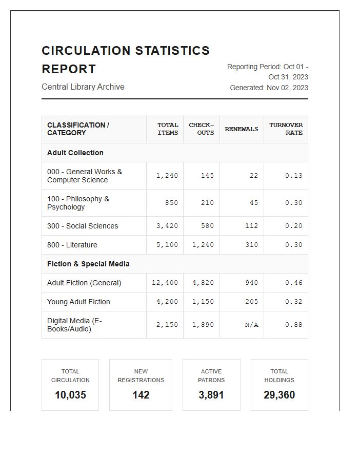 Detailed Library Book Circulation Statistics Printable Chart