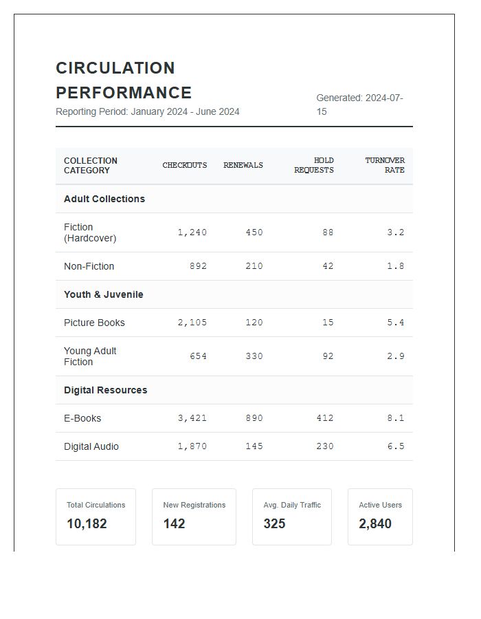 Library Circulation Performance Statistics Printable Chart
