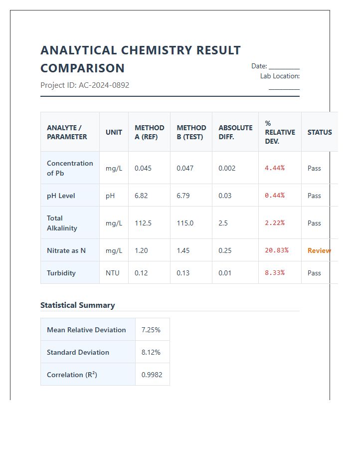 Analytical Chemistry Result Comparison Printable Chart