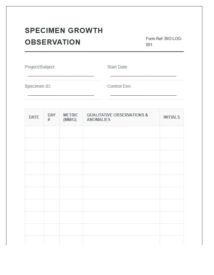 Biological Specimen Growth Observation Printable Chart