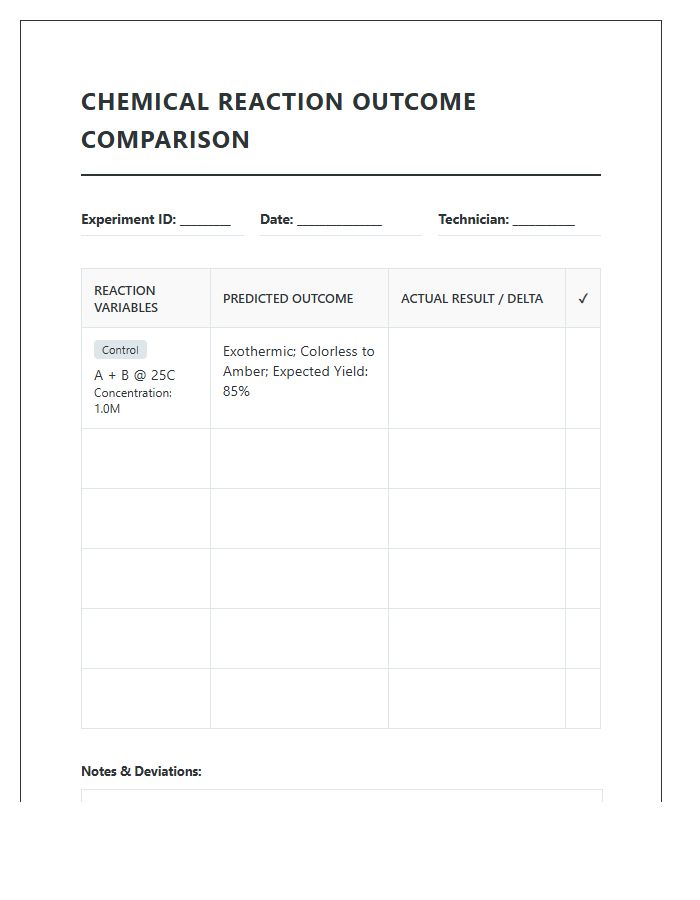 Chemical Reaction Outcome Comparison Printable Chart