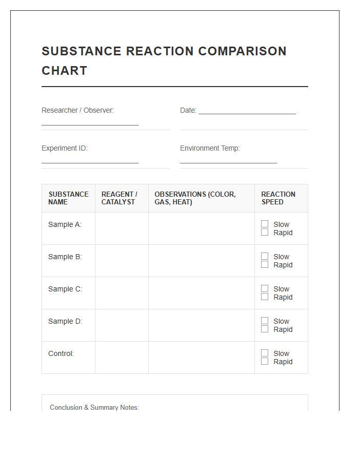 Substance Reaction Comparison Printable Chart