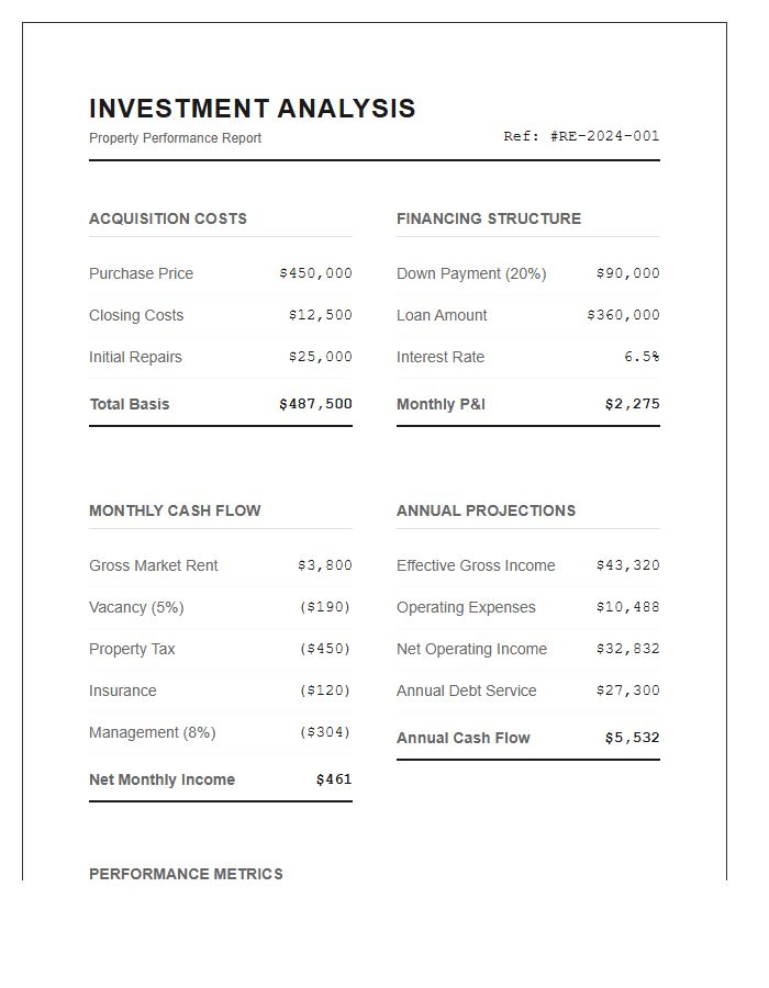 Printable Real Estate Investment Return Analysis Chart