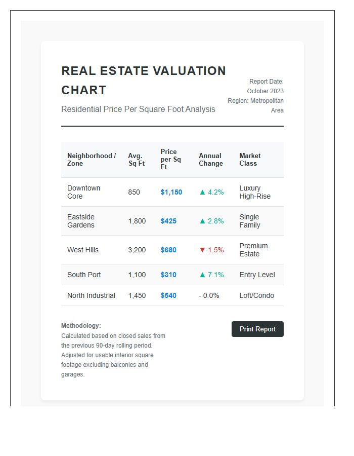 Residential Real Estate Price Per Square Foot Printable Chart