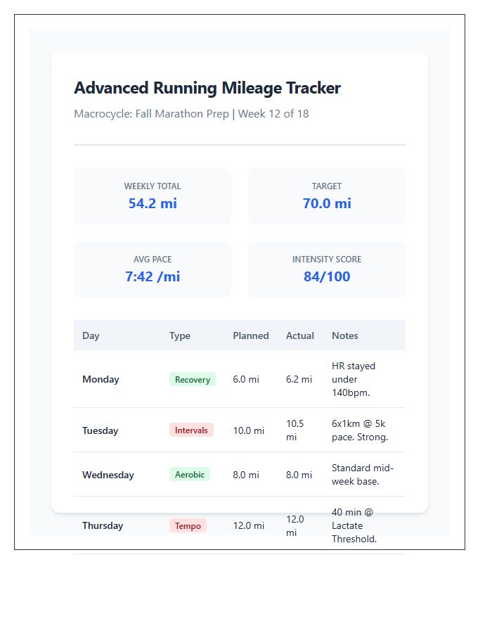 Advanced Running Mileage Training Progress Chart
