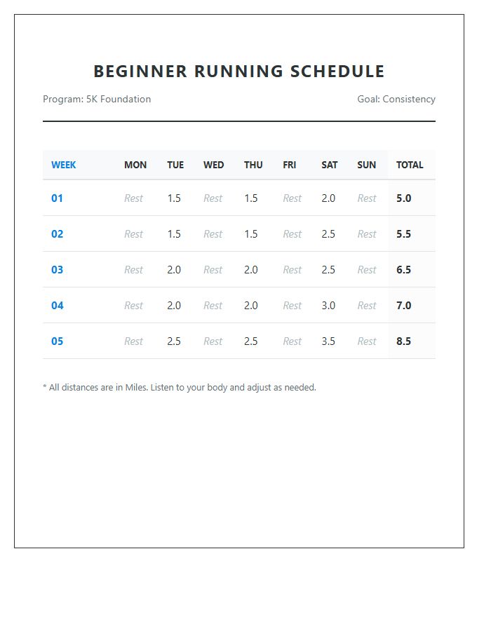 Printable Beginner Running Schedule Mileage Chart