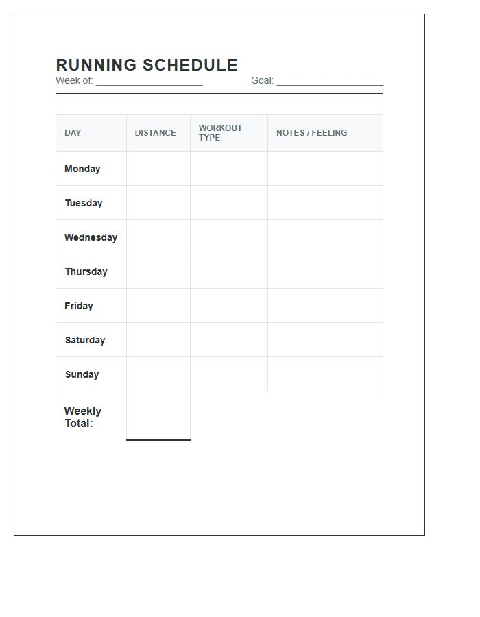Printable Daily Running Mileage Schedule Chart