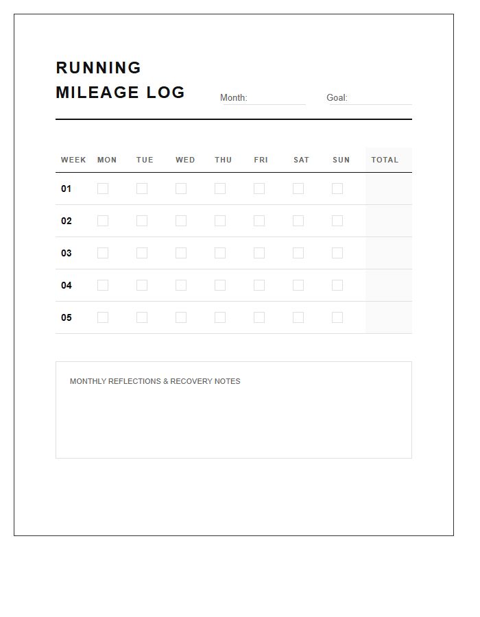 Printable Fitness Running Mileage Schedule Chart