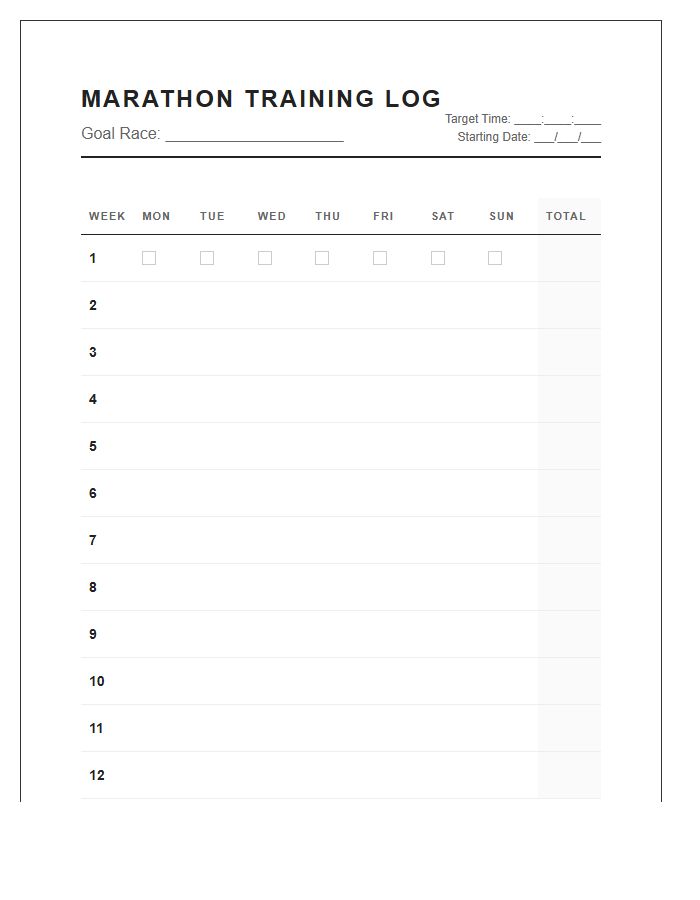 Printable Marathon Training Mileage Tracking Chart