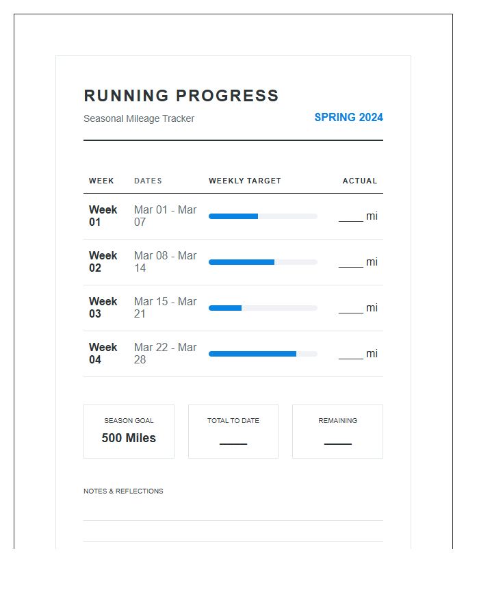 Printable Seasonal Running Mileage Progress Chart
