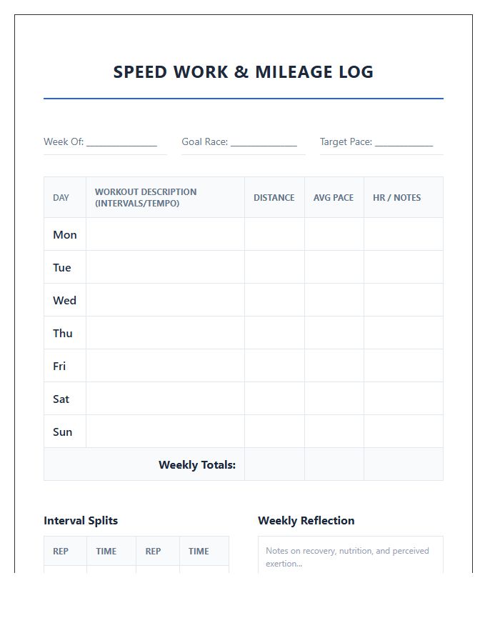Printable Speed Work Running Mileage Chart