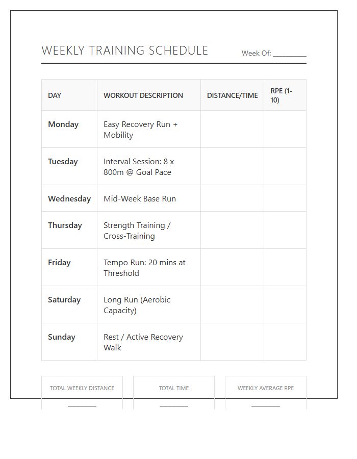 Printable Weekly Distance Training Schedule Chart