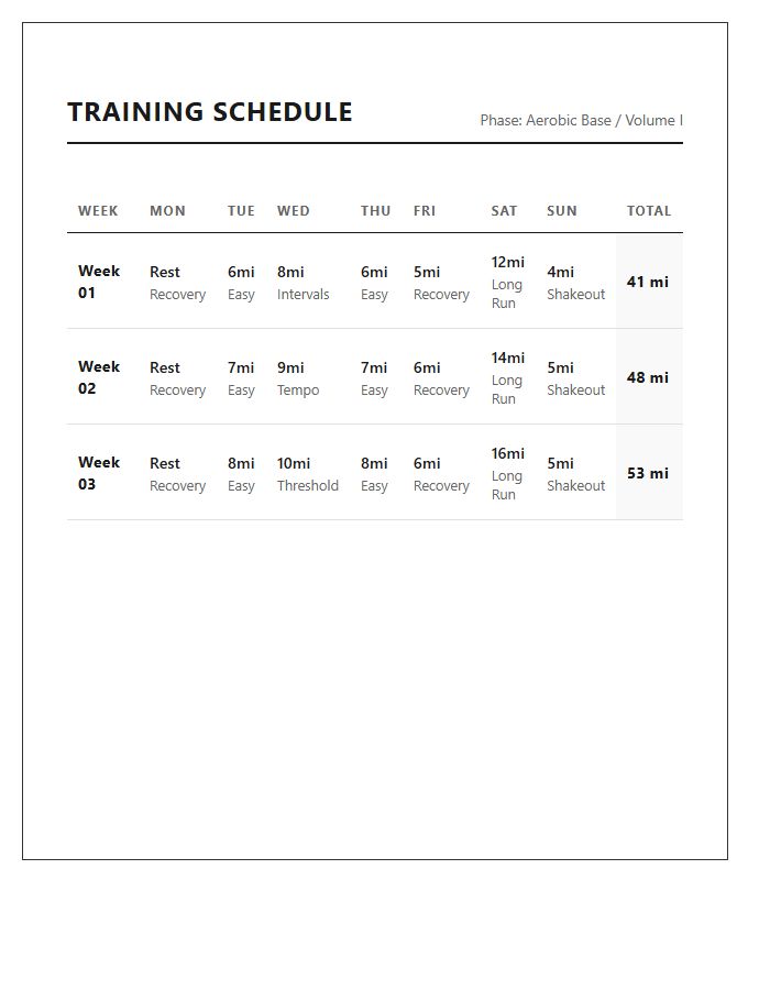 Professional Running Mileage Training Schedule Chart
