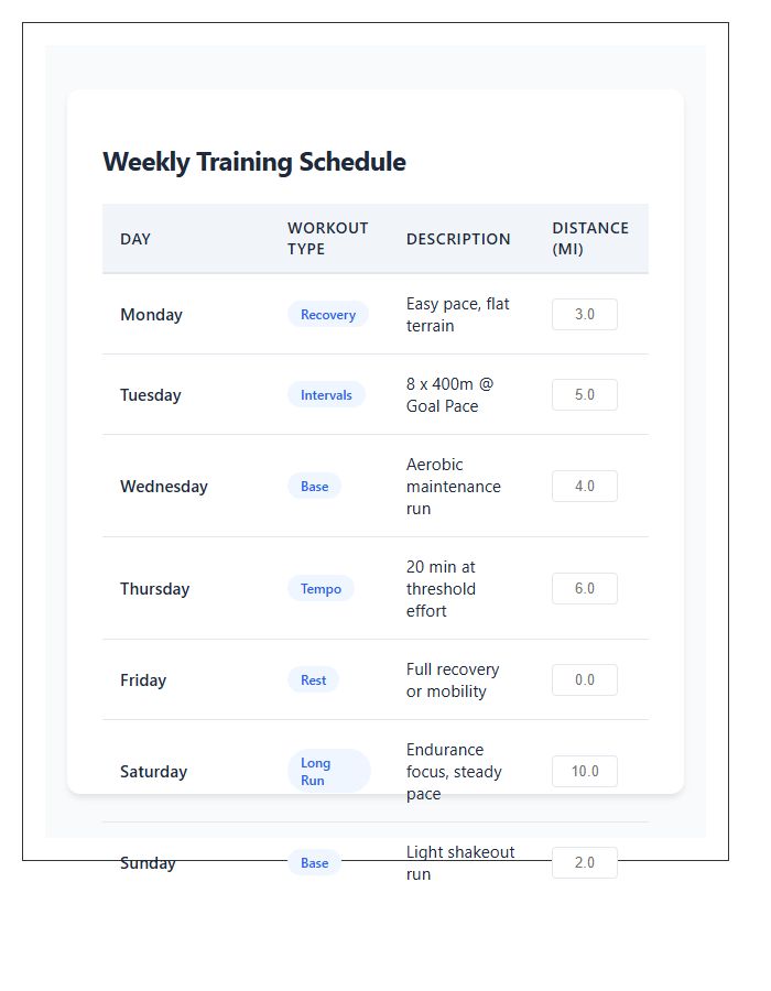 Weekly Running Mileage Training Schedule Chart