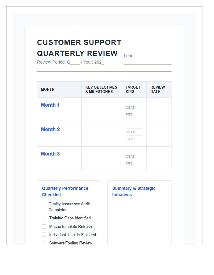 Customer Support Quarterly Review Printable Calendar Chart