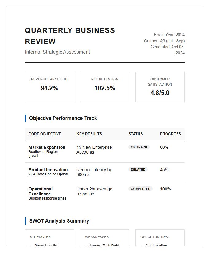 Internal Quarterly Business Review Printable Chart