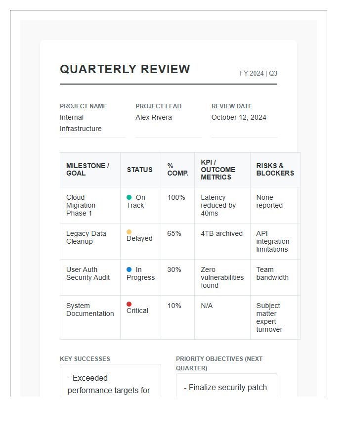 Project Management Quarterly Review Printable Chart
