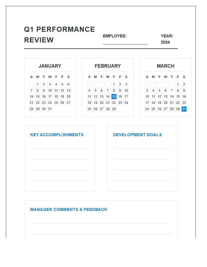 Quarterly Performance Review Printable Calendar Chart
