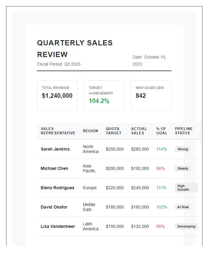 Sales Team Quarterly Review Printable Chart