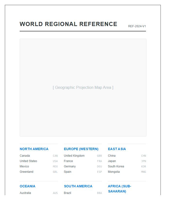 Printable World Map Regional Reference Chart