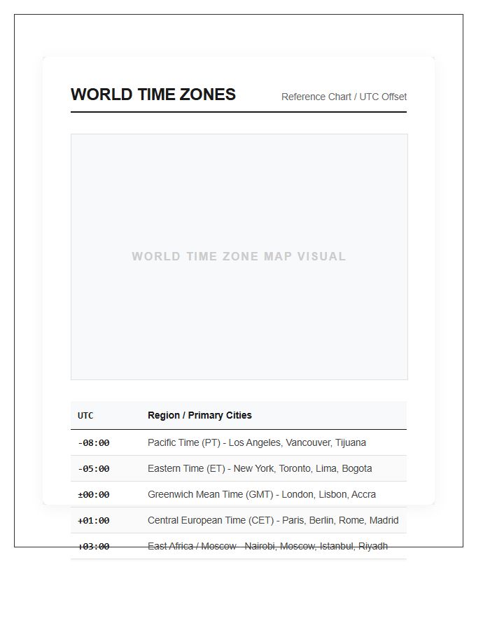 Printable World Map Time Zones Reference Chart