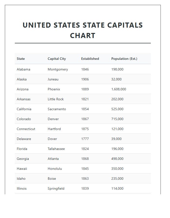 Printable Detailed United States State Capital Chart