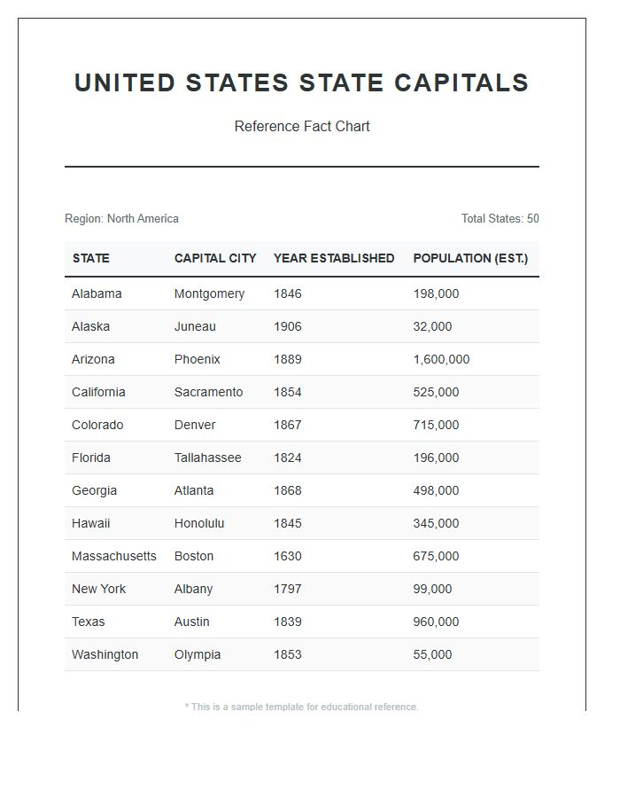 Printable United States State Capital Fact Chart