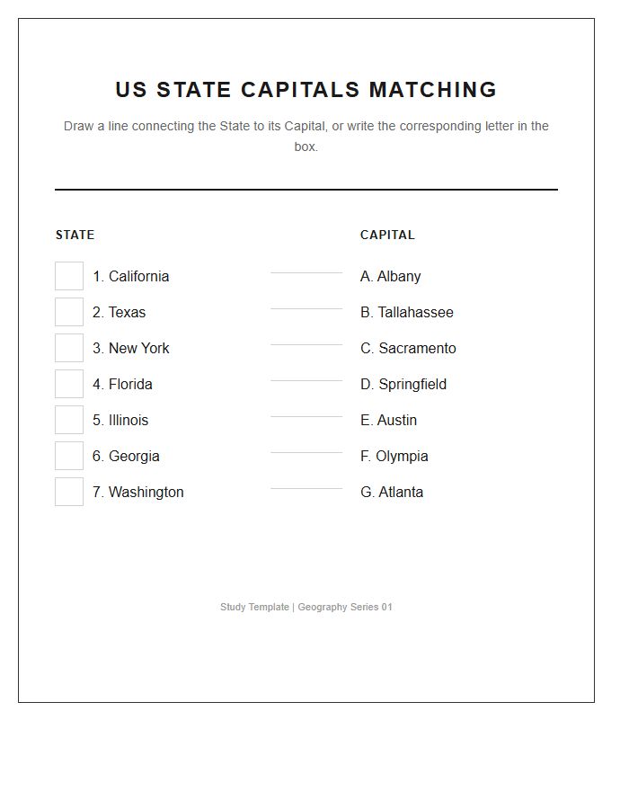 Printable United States State Capital Matching Chart