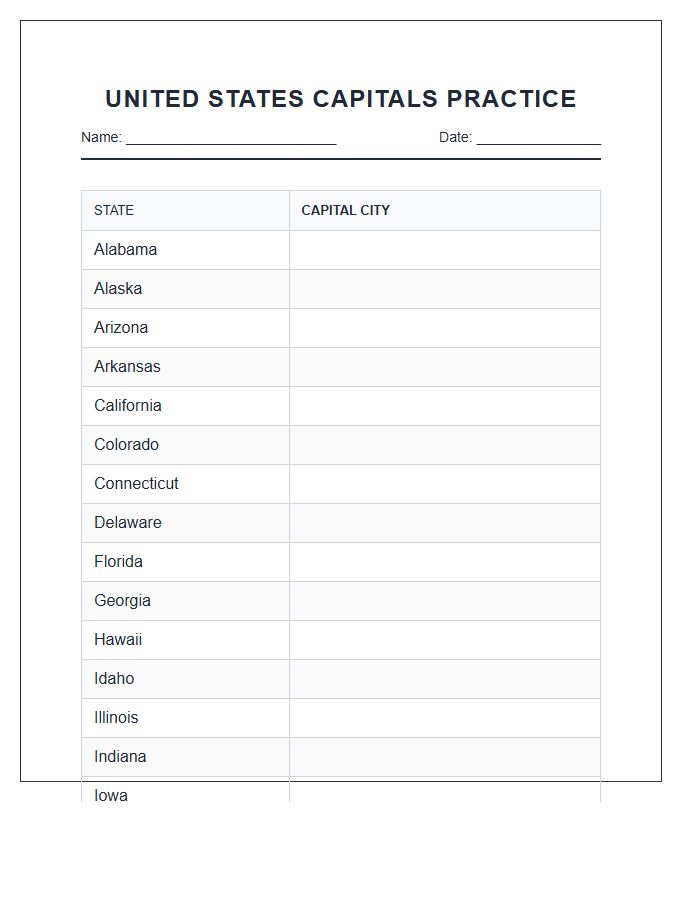 Printable United States State Capital Practice Chart