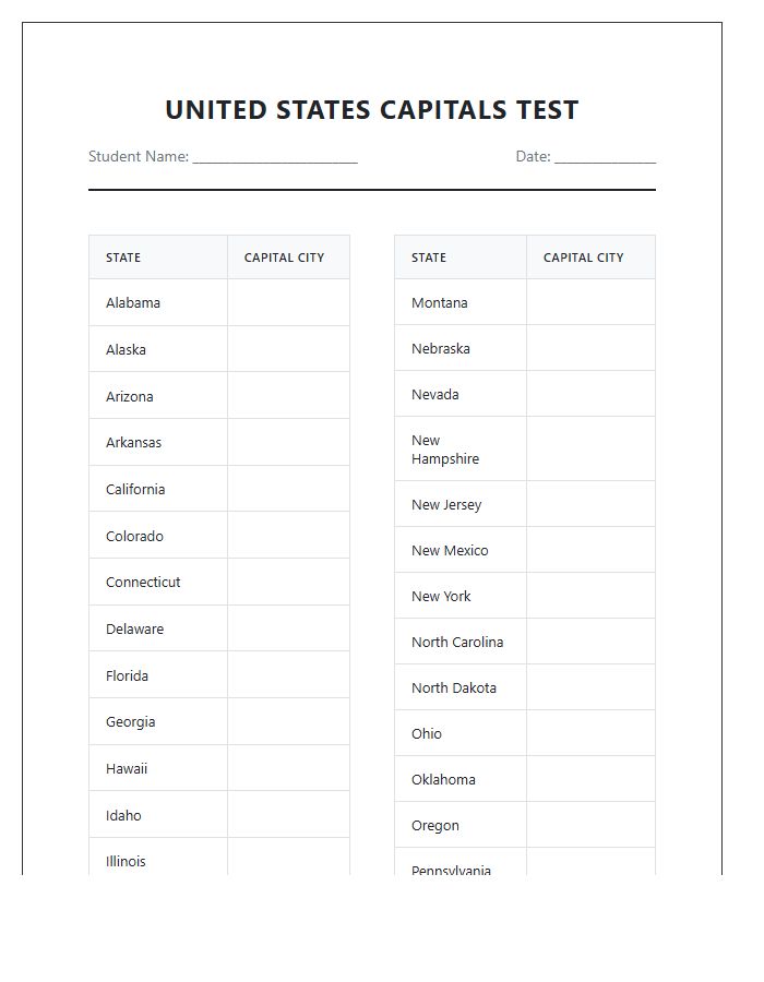 Printable United States State Capital Testing Chart