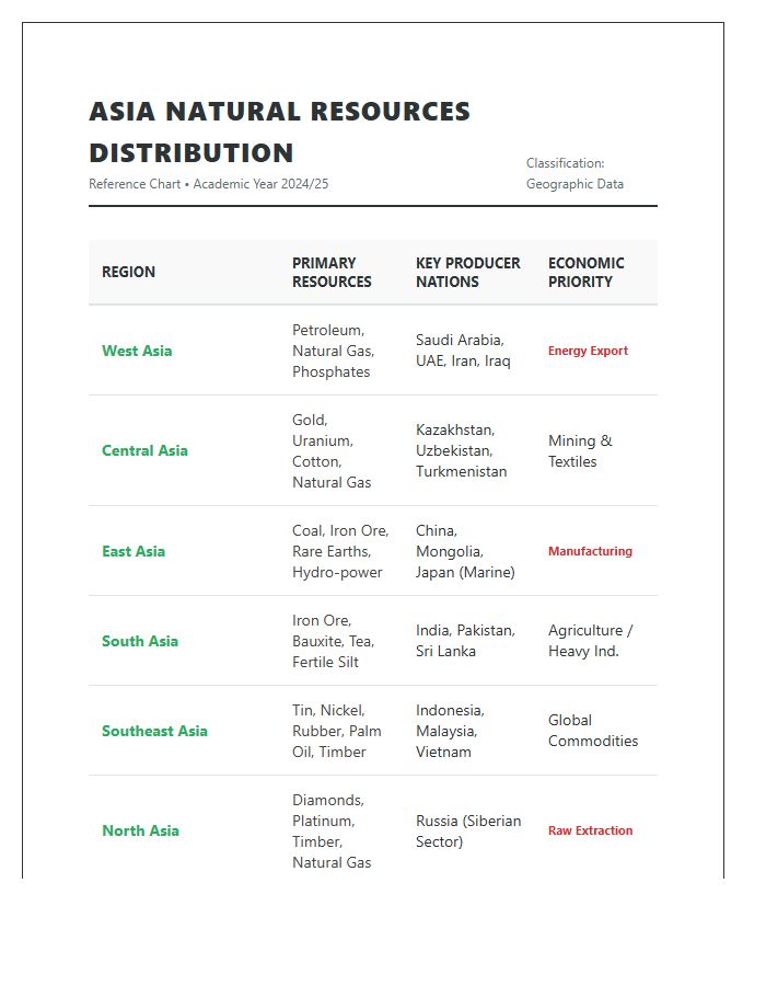 Printable Asia Natural Resources Distribution Chart