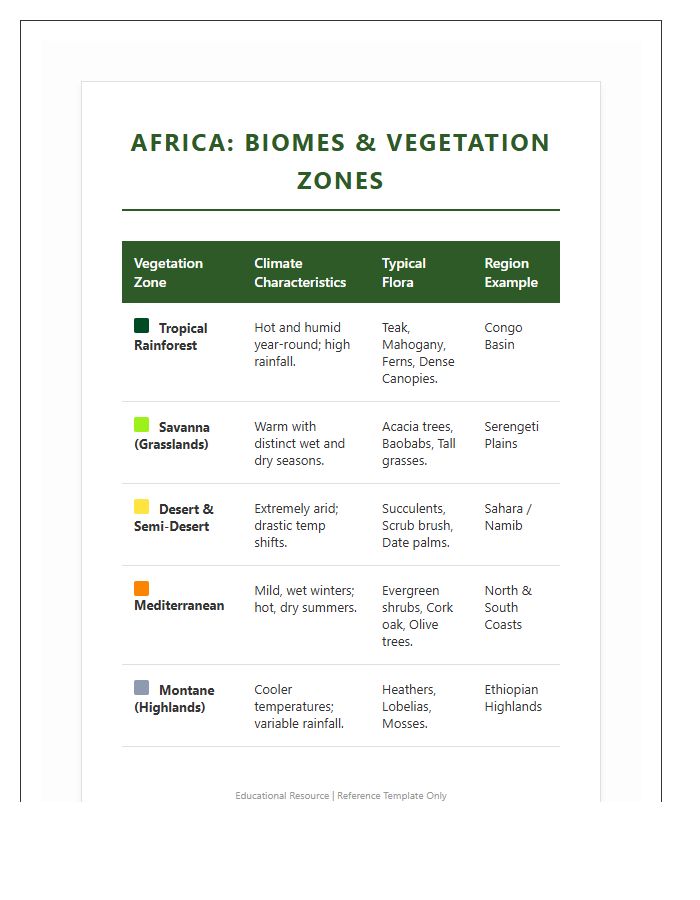 Africa Biomes And Vegetation Zone Chart Printable