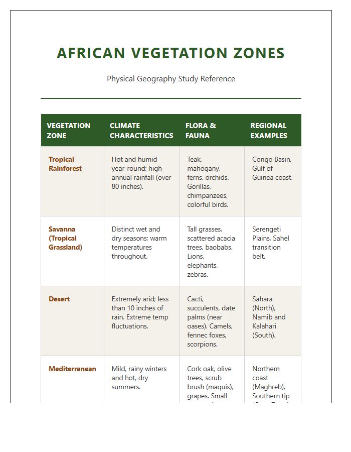 African Vegetation Zone Study Guide Printable Chart