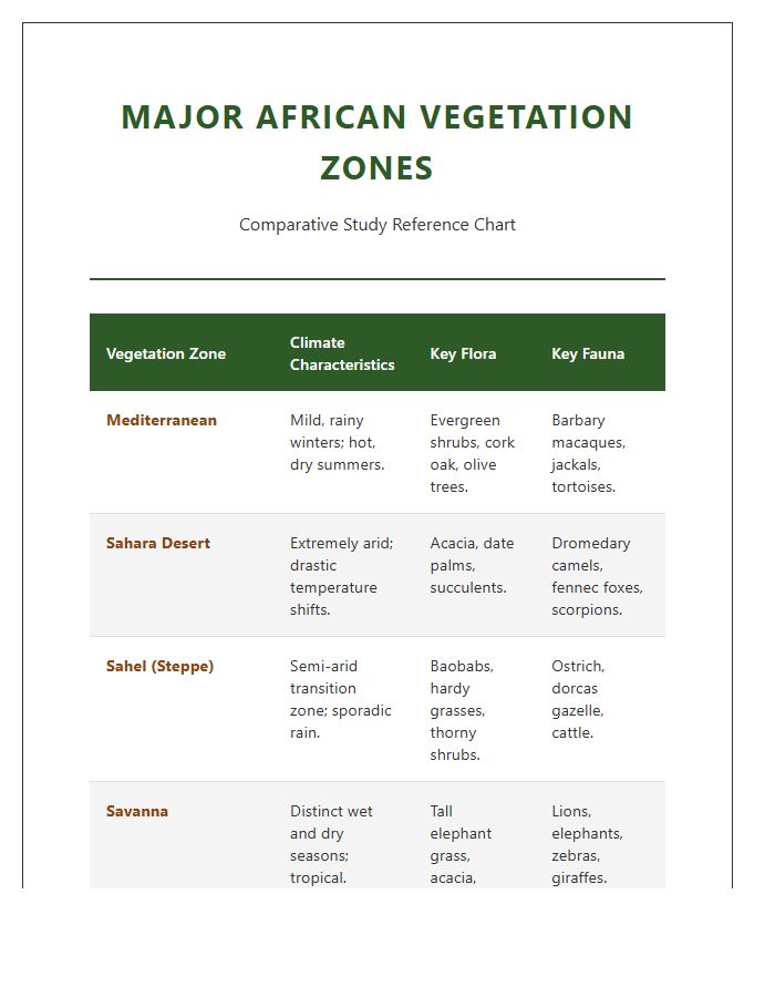 Major African Vegetation Zone Comparison Chart Printable