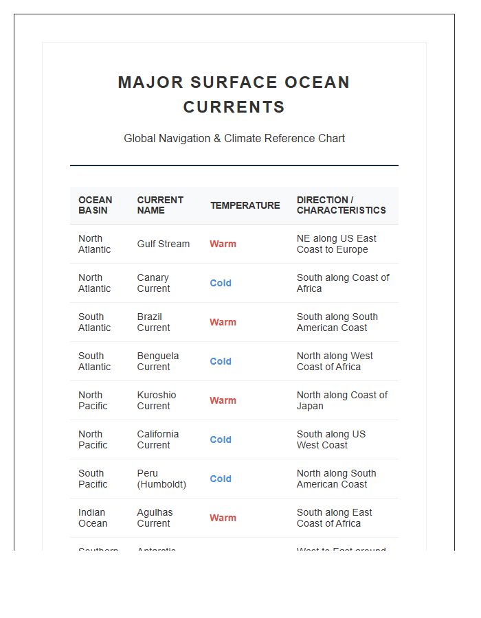 Printable Major Surface Ocean Current Chart