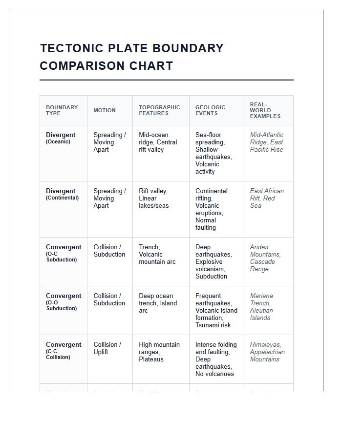 Printable Comprehensive Tectonic Plate Boundary Comparison Chart