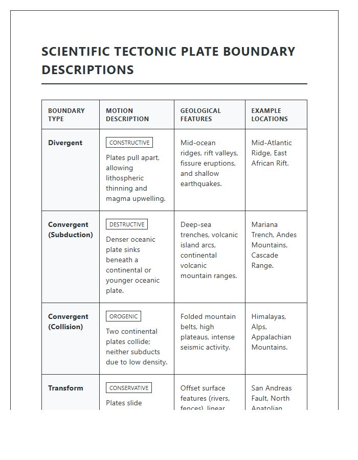 Printable Scientific Tectonic Plate Boundary Descriptions Chart