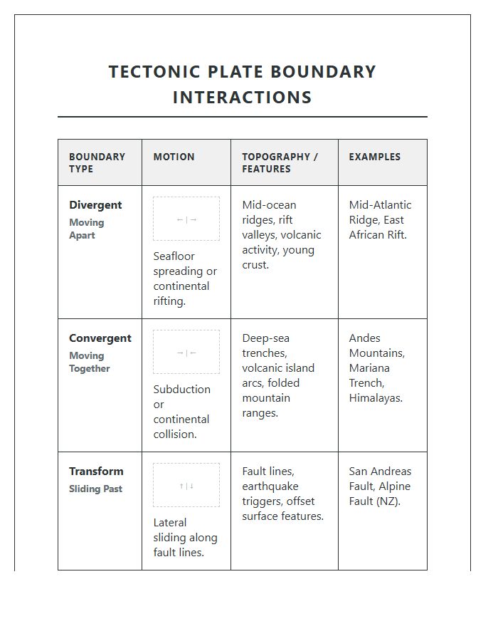 Printable Tectonic Plate Boundary Interactions Chart