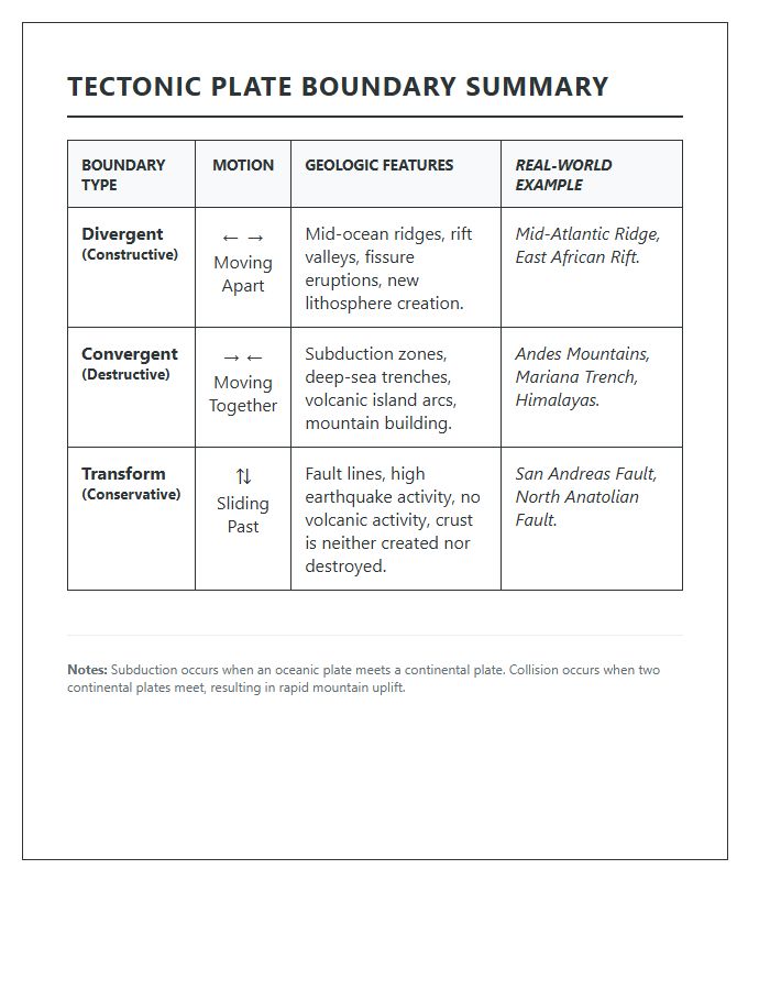 Printable Tectonic Plate Boundary Motion Summary Chart
