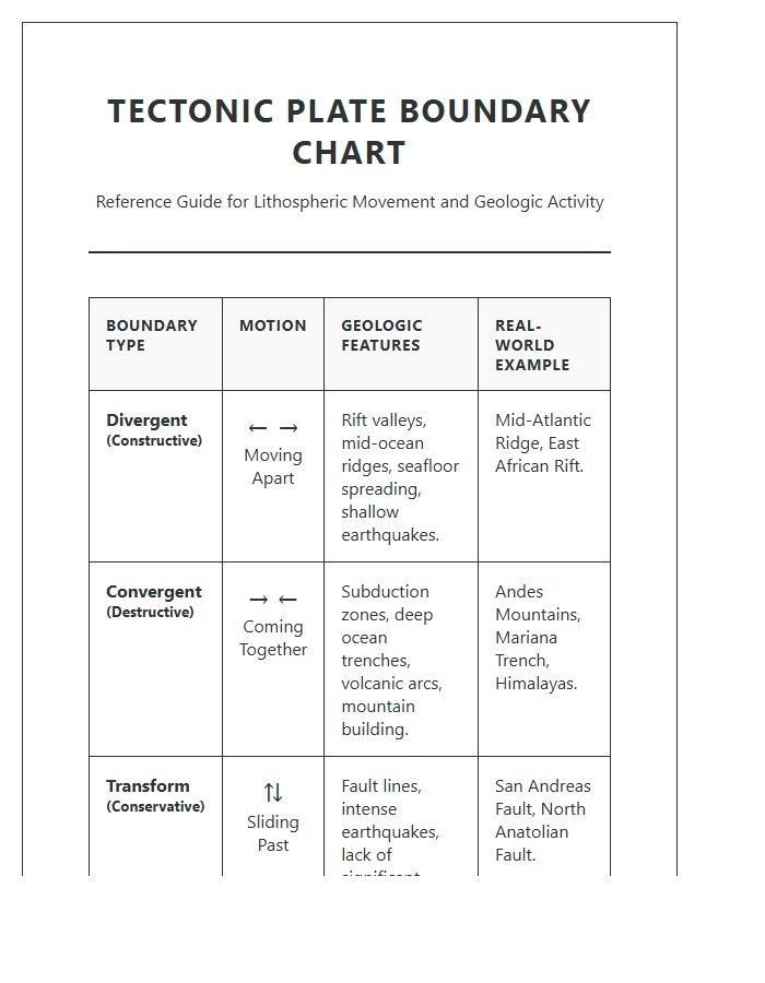 Printable Tectonic Plate Boundary Movement Chart