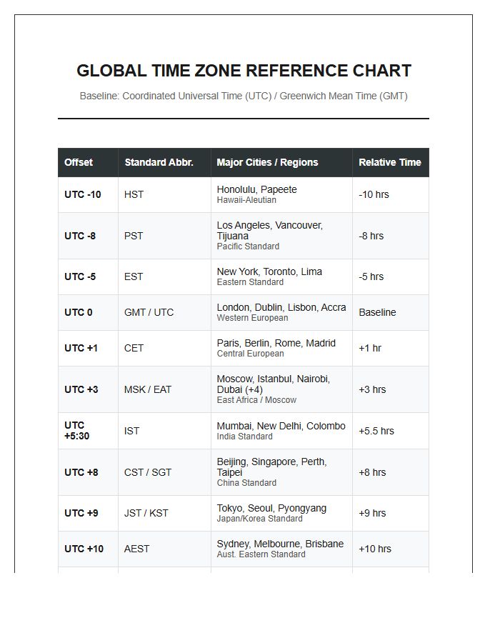 Detailed Global Time Zone Difference Chart Printable