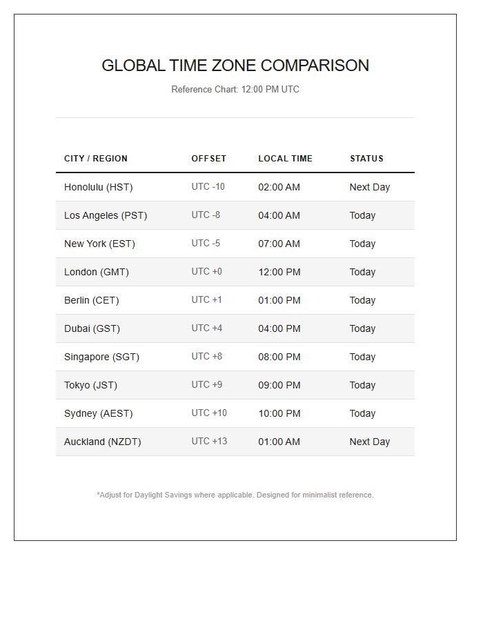 Global Time Zone Comparison Wall Chart Printable